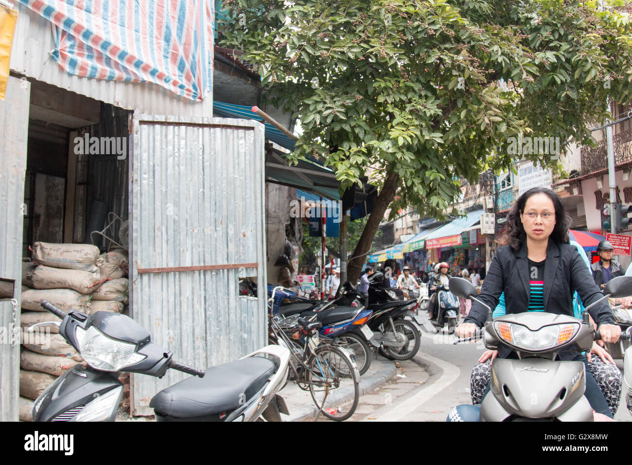 Vietnamesische Dame ihr Motorroller durch Hanoi old Quarter, Vietnam, Asien ohne Helm Stockfoto