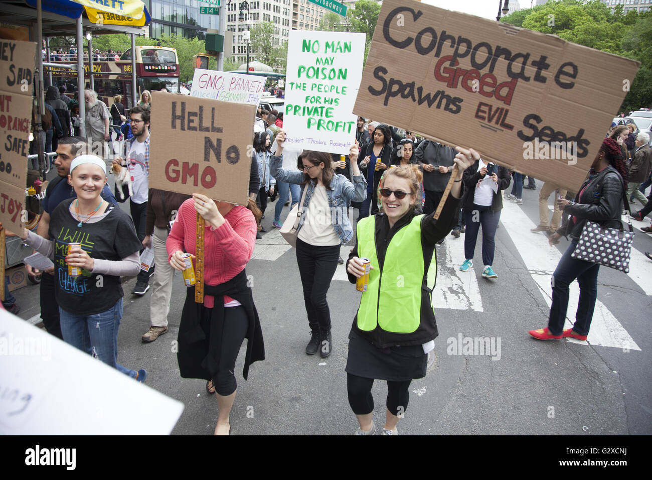 März und Demonstration gegen Monsanto und gentechnisch veränderte Lebensmittel auf der Straße in New York City. Stockfoto