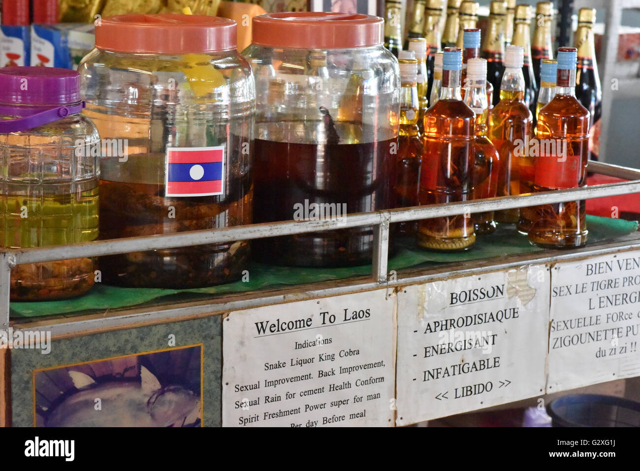 Alkohol mit Schlangen und anderen Reptilien Donsao Insel Laos Stockfoto