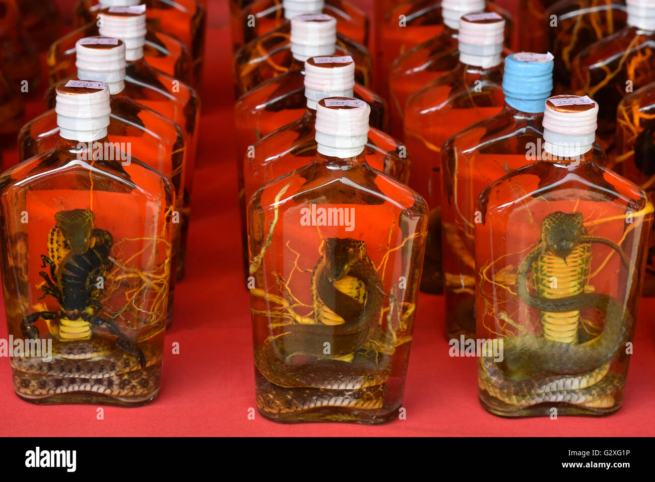 Alkohol zum Verkauf mit Kobras Donsao Insel Laos Stockfoto