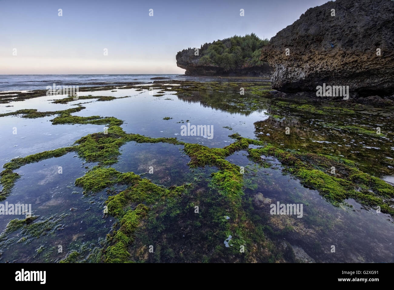 Seacape mit bemoosten Felsen am Klayar Strand, Yogyakarta, Indonesien Stockfoto