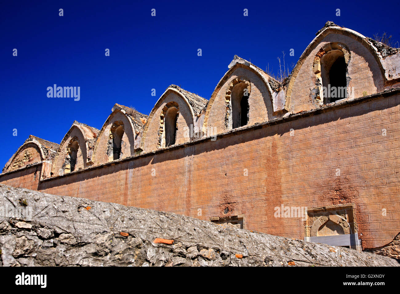 Detail aus der alten griechisch-orthodoxe Kirche von Taxiarchis im "Geisterdorf" Kayakoy Lykien, Provinz Mugla, Türkei. Stockfoto