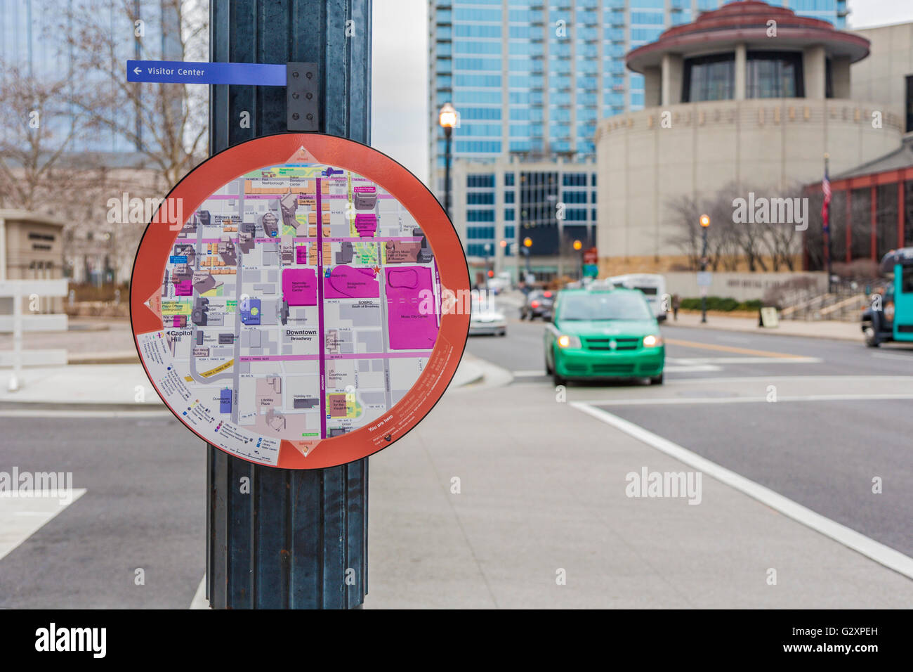 Detaillierte Karte und Verzeichnis hilft Touristen und Besucher finden ihren Weg durch die Innenstadt von Nashville, Tennessee Stockfoto