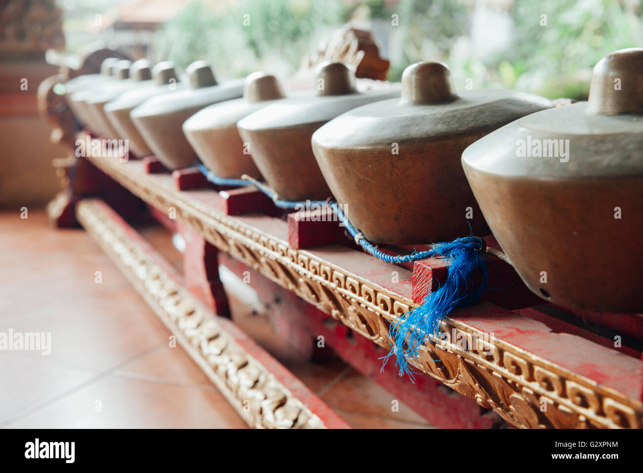 Traditionelle balinesischer perkussiver Musik Instrumente Instrumente für "Gamelan" Ensemble Musik, Ubud, Bali, Indonesien. Stockfoto