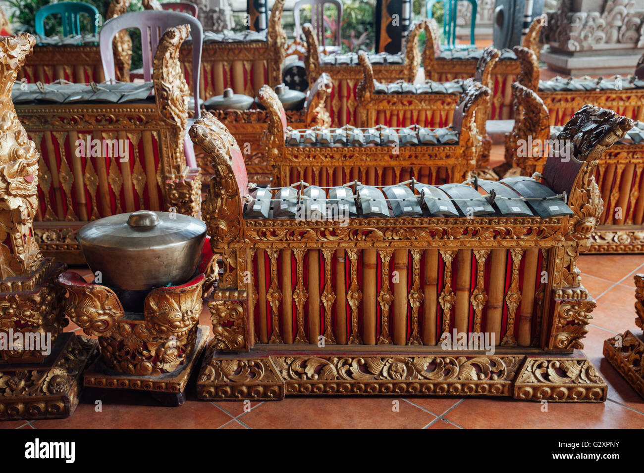 Traditionelle balinesischer perkussiver Musik Instrumente Instrumente für "Gamelan" Ensemble Musik, Ubud, Bali, Indonesien. Stockfoto