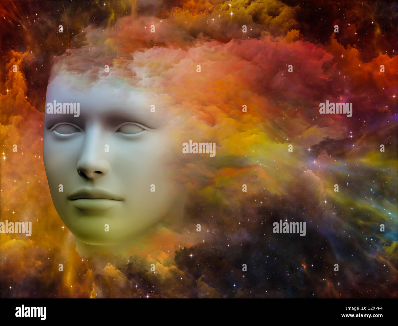 Bunte Mind-Serie. Kreative Anordnung des menschlichen Kopfes und Fraktale Farben als Begriff Metapher Thema Verstand, Träume, th Stockfoto