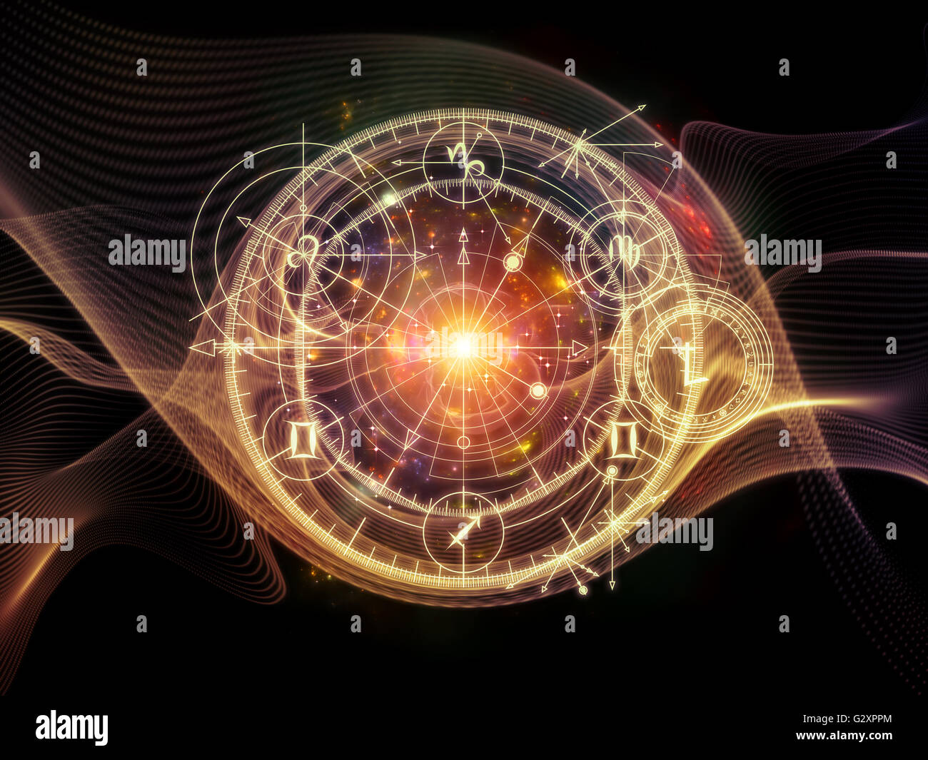 Umlaufbahnen der Destiny-Serie. Hintergrund-Design von Heiligen Symbole, Zeichen, Geometrie und Entwürfe zum Thema Astrologie, Alchemie, Stockfoto