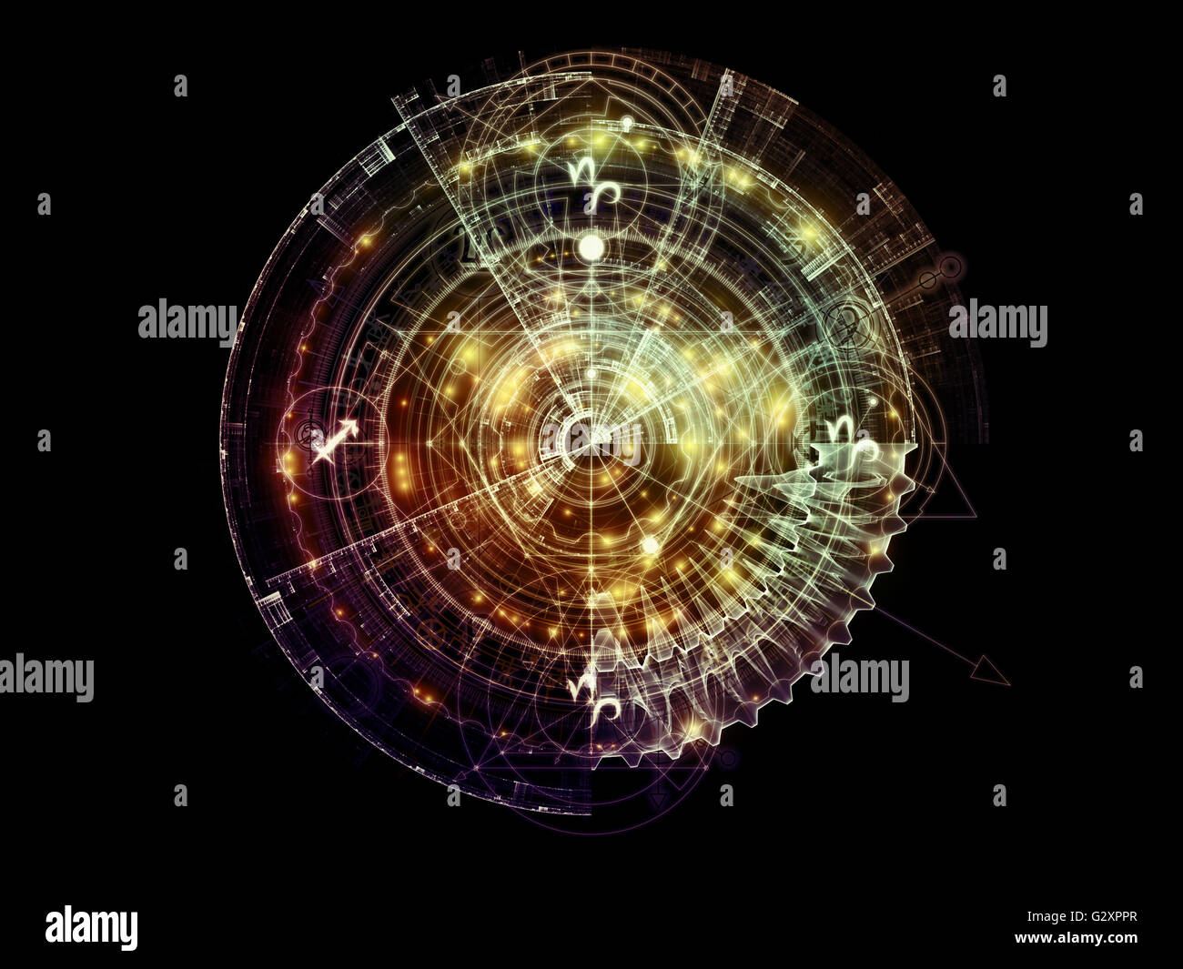 Umlaufbahnen der Destiny-Serie. Abstrakte Konstruktion aus heiligen Symbole, Zeichen, Geometrie und Entwürfe zum Thema Astrologie, alche Stockfoto