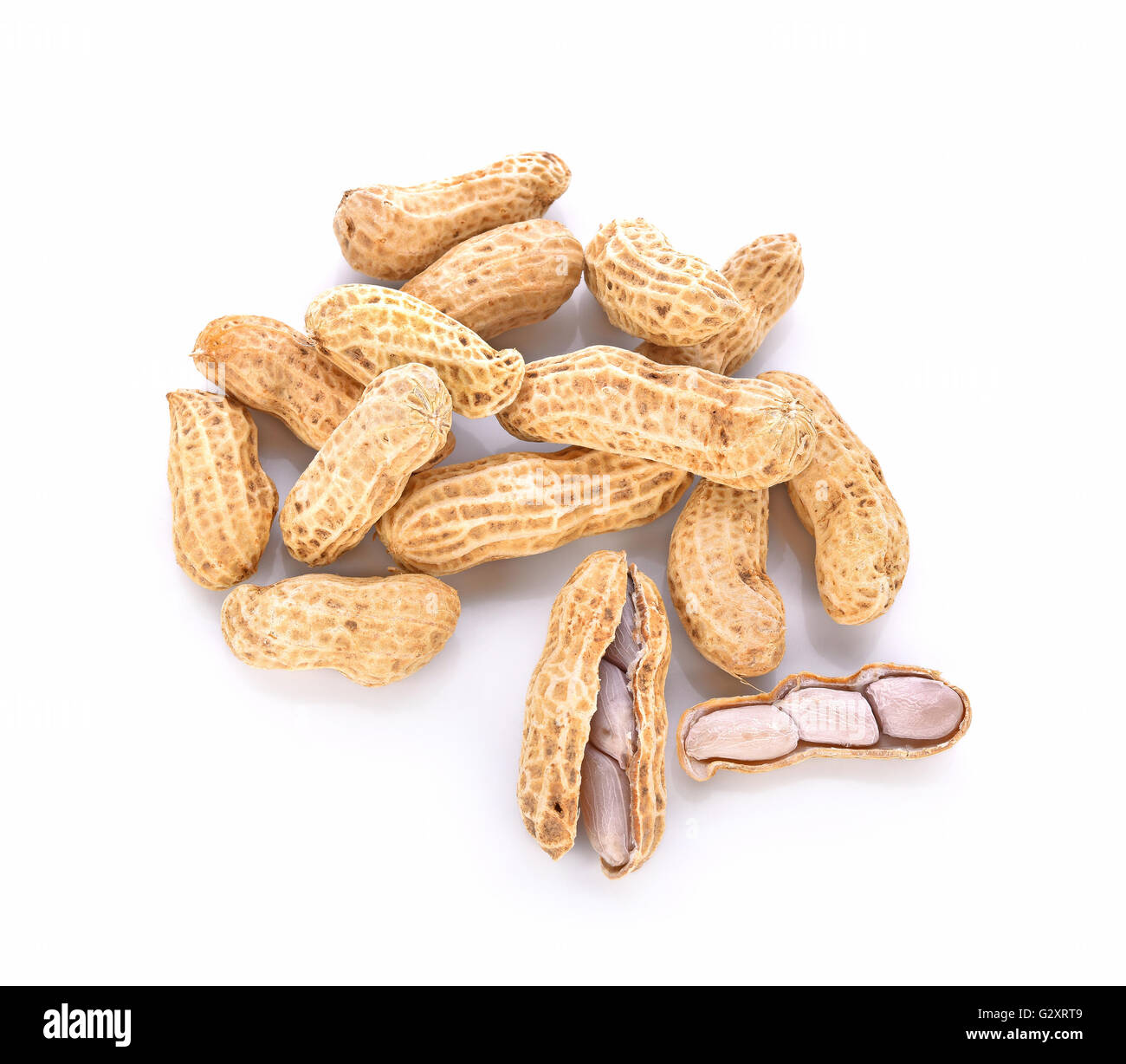 Gekochte Erdnüsse auf weißem Hintergrund Stockfoto