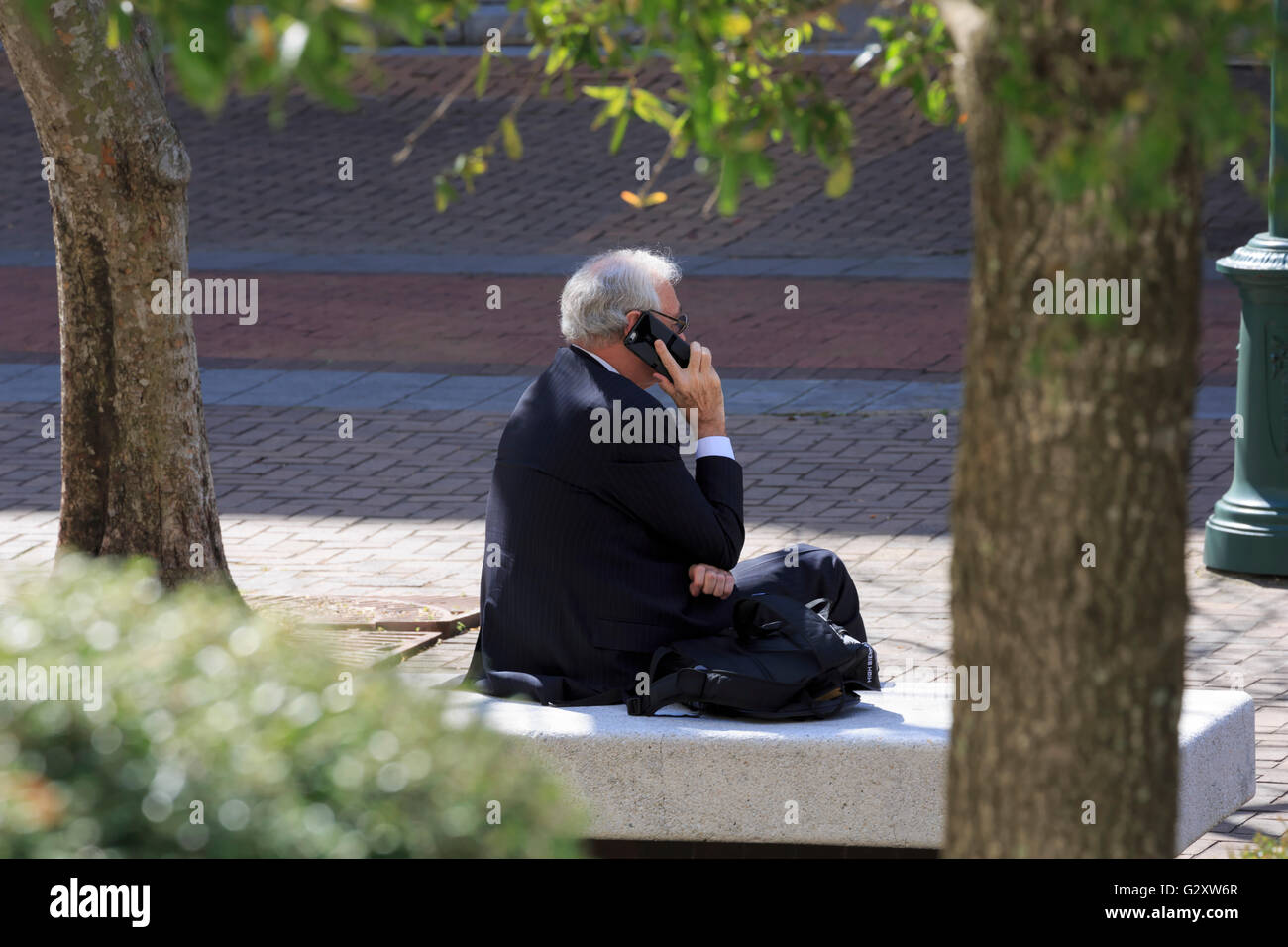 Geschäftsmann im Anzug mit weißen Haaren Gespräche auf dem Handy Stockfoto