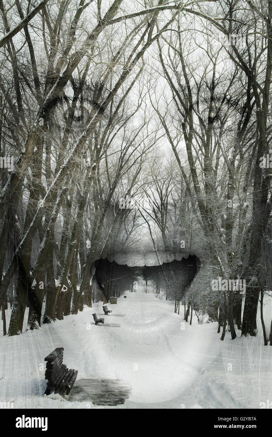 Ein Wintermärchen. alle in den Schnee. Weihnachten und Neujahr. Doppelbelichtung. Porträt eines Mädchens Stockfoto