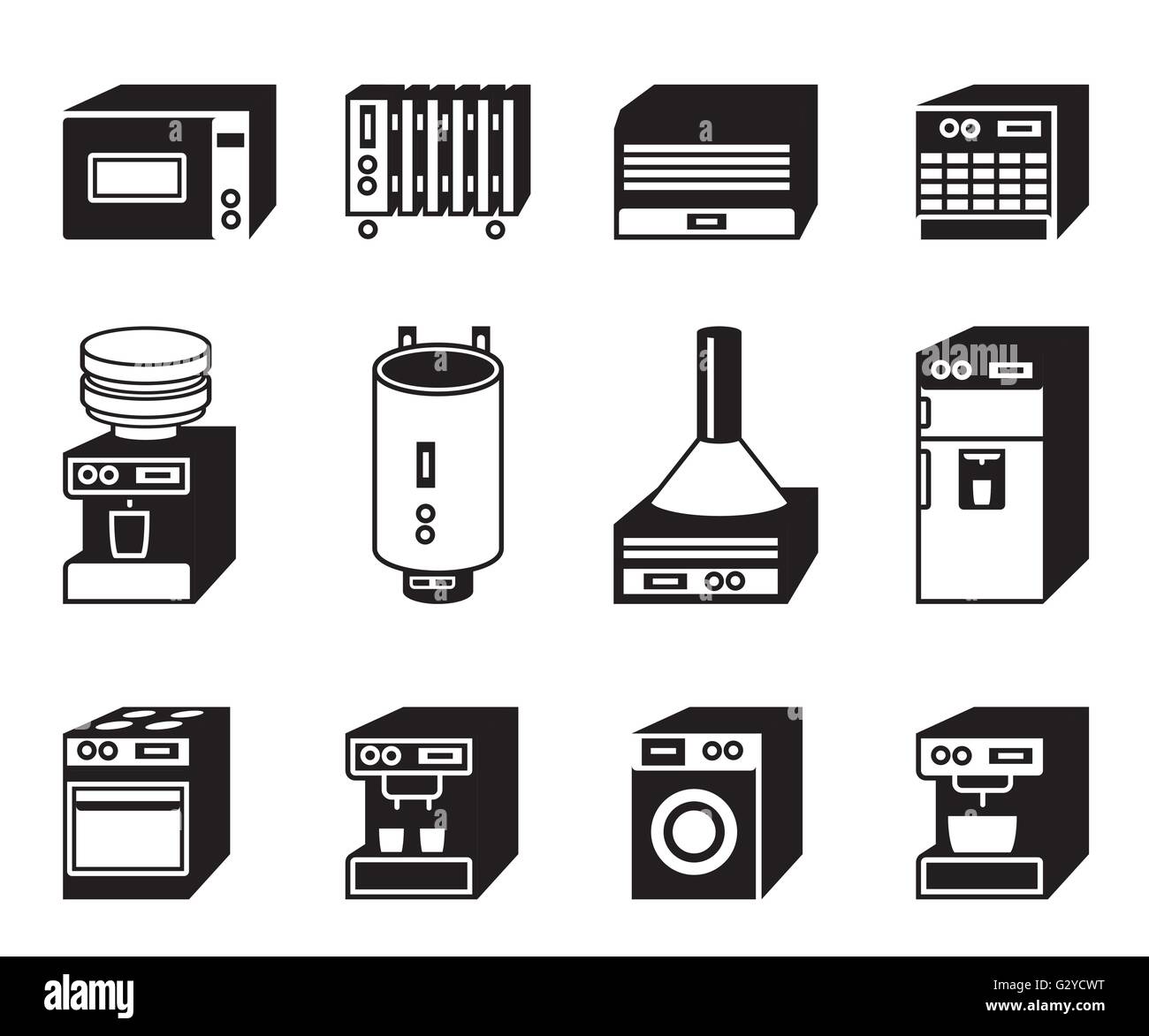 Haushaltsgeräte, Staubsauger, Bügeleisen und Kaffeemaschine. Kühlschrank,  Mixer und Toaster elektronische Gadgets Vektor Illustration Set. Elektrisch  Stock-Vektorgrafik - Alamy