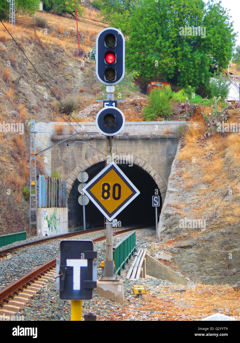 Blinkleuchten, Begrenzung der Geschwindigkeit und Entfernung Marker an Eisenbahntunnel in der Nähe von Alora, Andalusien Stockfoto