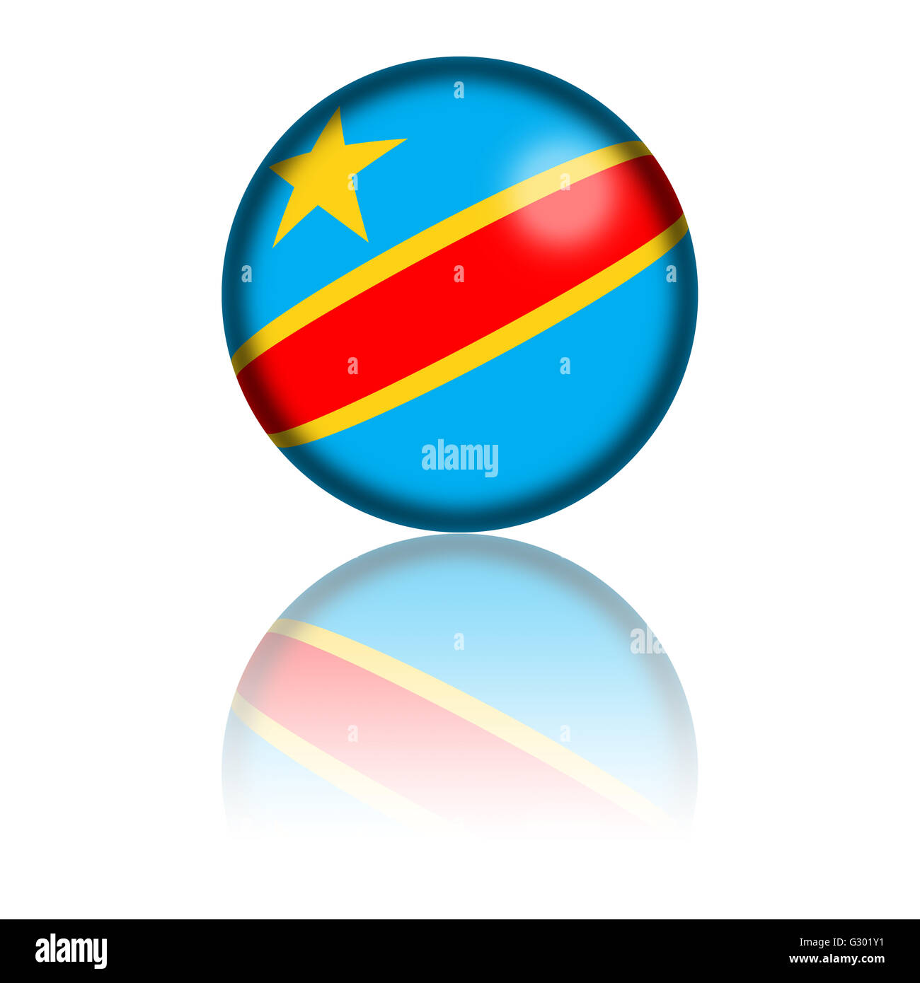 3D Kugel oder Abzeichen der Demokratischen Republik Kongo Flagge mit Reflexion am Boden. Stockfoto