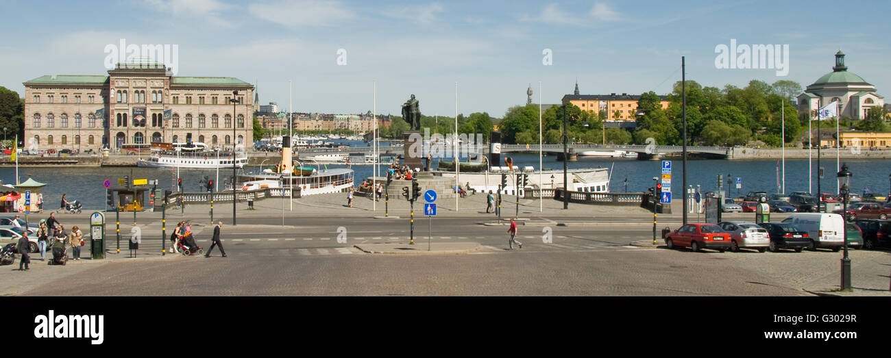 Uferpromenade in Stockholm, Schweden-Panorama Stockfoto