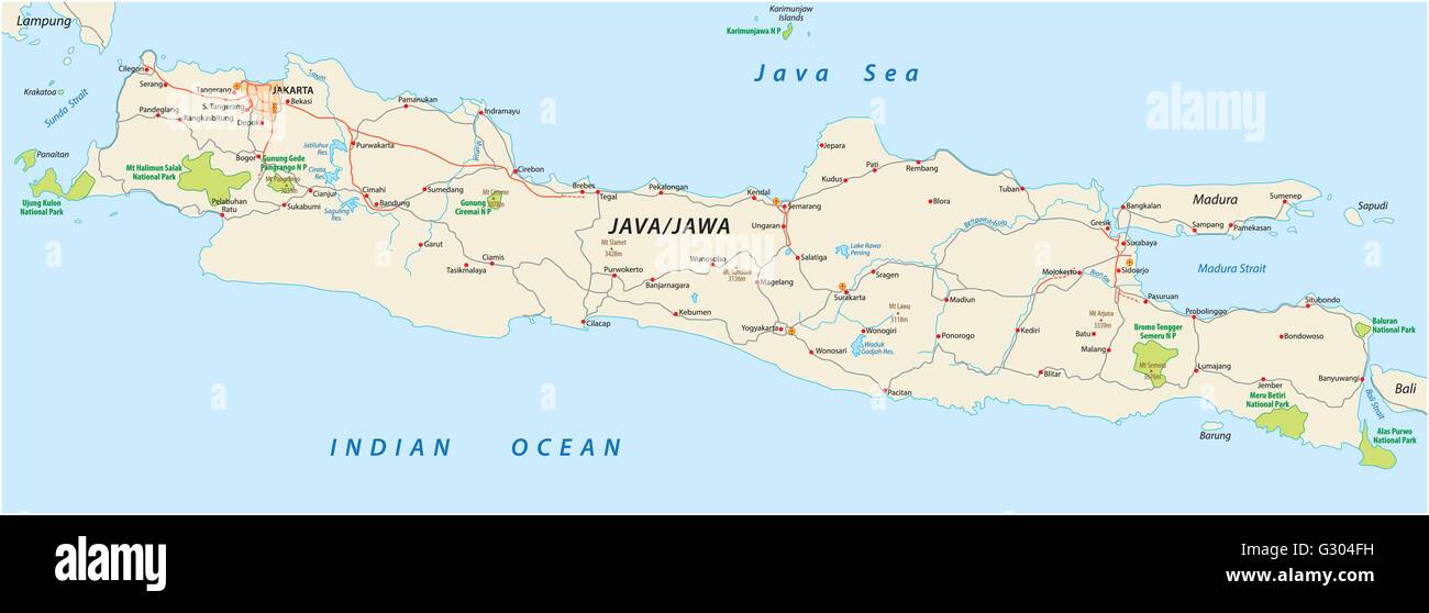 Straßen- und Nationalpark Vektorkarte des indonesischen Island java Stock Vektor