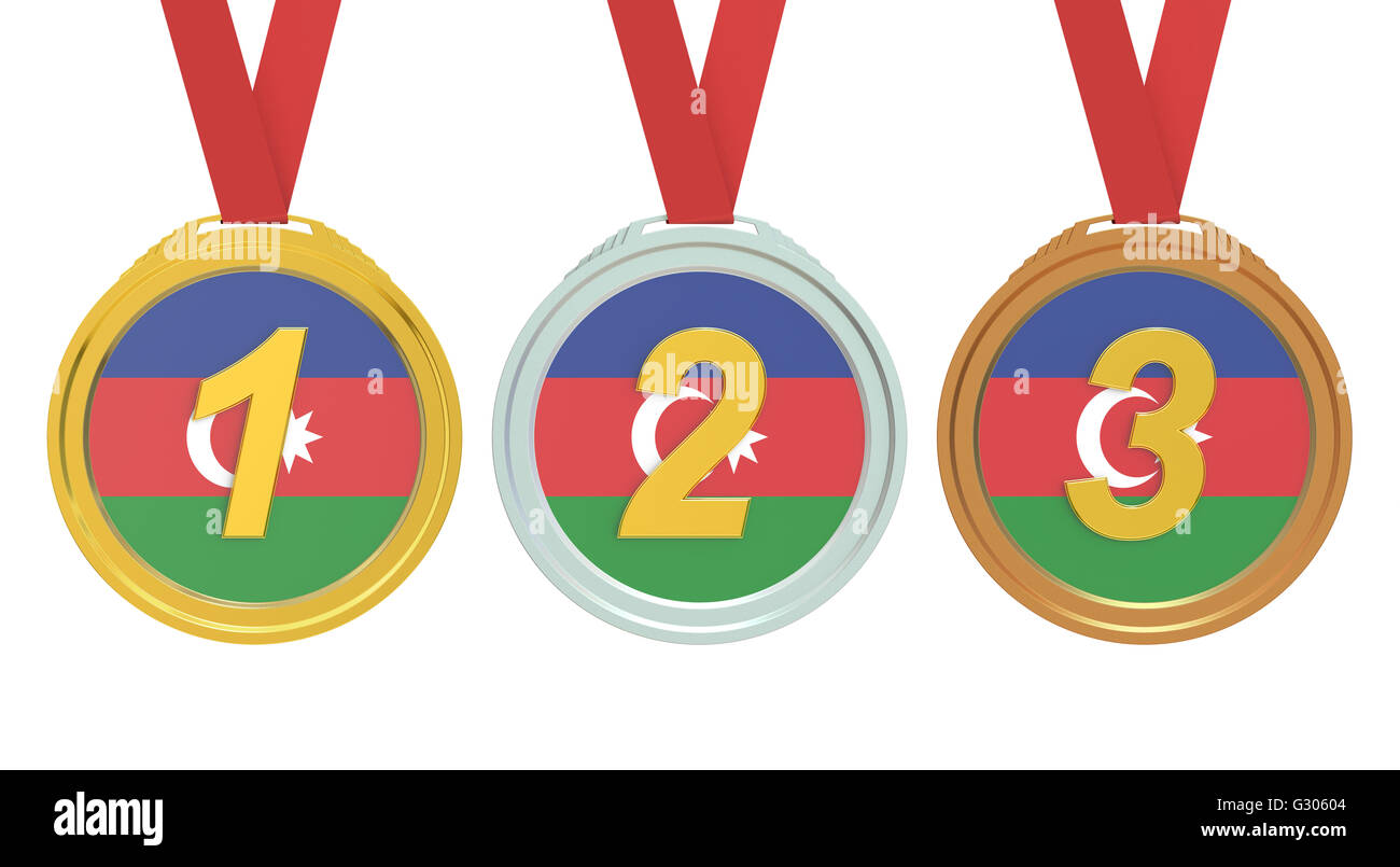 Gold, Silber und Bronzemedaillen mit Aserbaidschan Fahne, 3D rendering Stockfoto