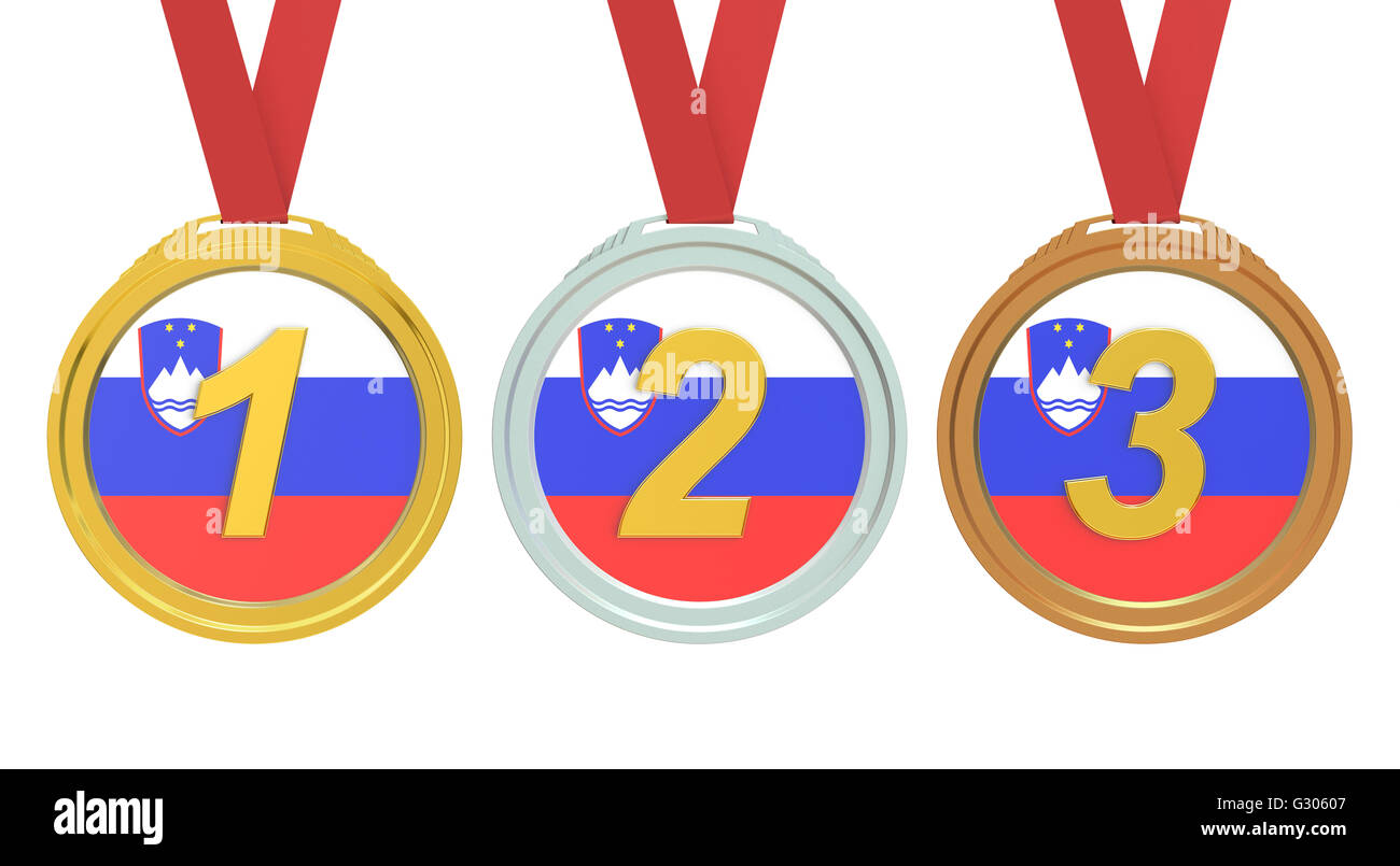 Gold, Silber und Bronzemedaillen mit Slowenien Fahne, 3D rendering Stockfoto