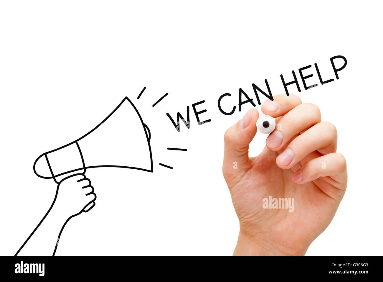 Handschrift mit Marker können wir helfen gehen, der aus einem gezeichneten Megaphon. Stockfoto
