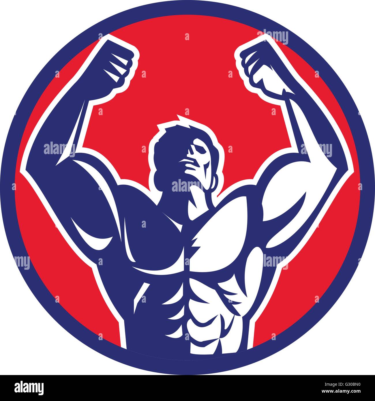 Abbildung von einem männlichen Bodybuilder Muskeln Nachschlagen von vorne eingestellt im inneren Kreis auf isolierte Hintergrund getan im retro-Stil betrachtet. Stock Vektor