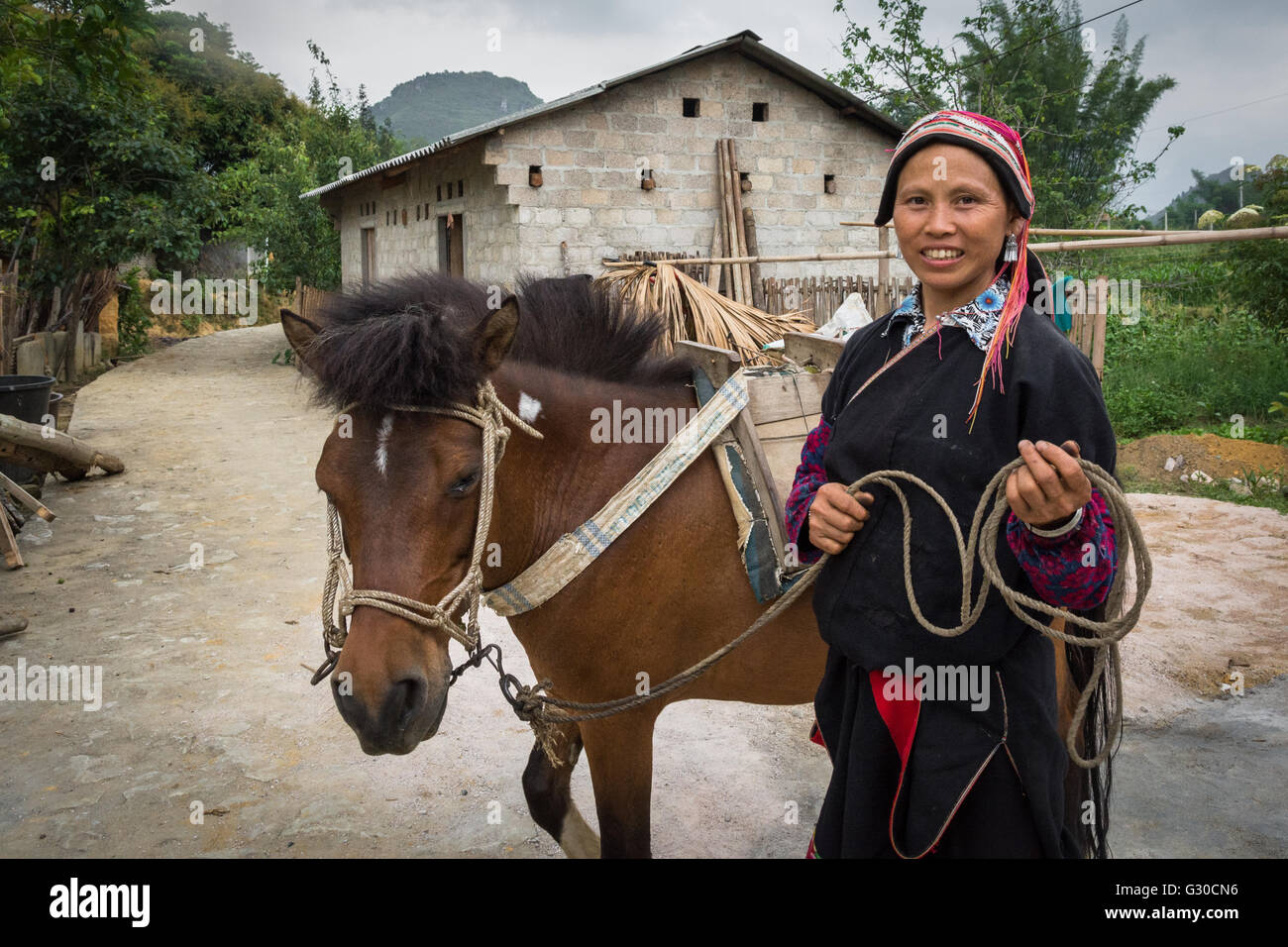 Red Dao Frau und ihr Pferd auf dem Hof der Ly Dai Duyen Guest House, Nam Dan, Ha Giang Province, Vietnam. Stockfoto