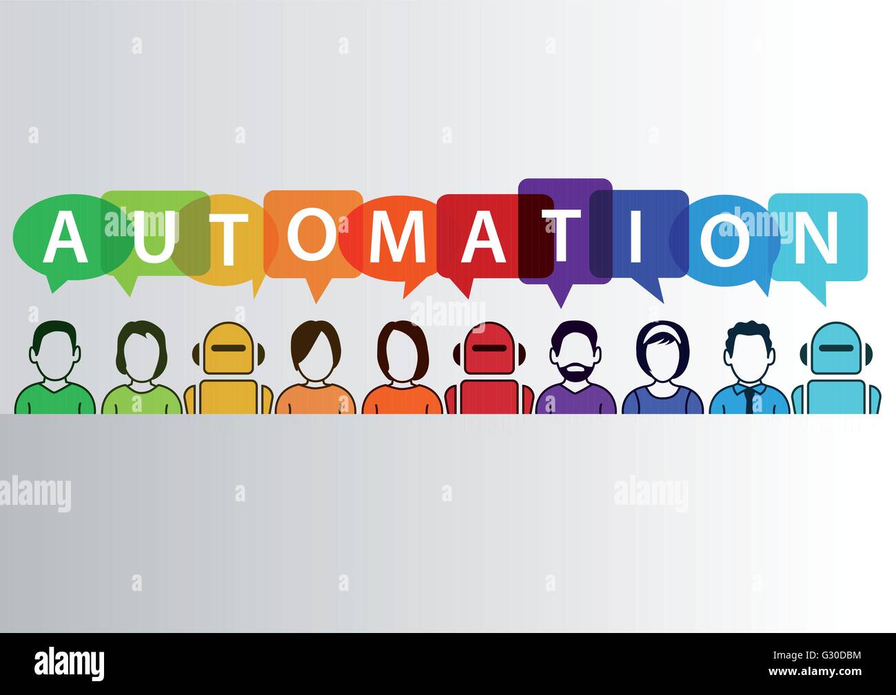 Prozess-Automatisierung-Konzept als Hintergrund. Vektor-Illustration der gemischte Gruppe von Menschen, Maschinen und Roboter Stock Vektor