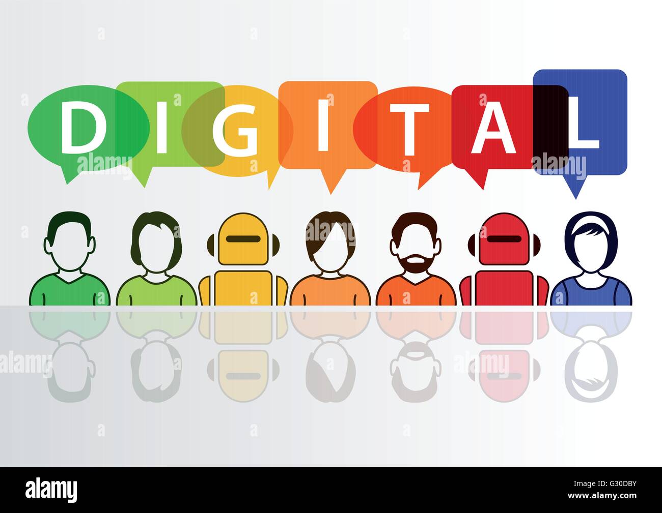 Digital und Digitalisierung konzeptionellen Hintergrund. Vektor-Illustration der bunte Gruppe von Menschen und Robotern Stock Vektor