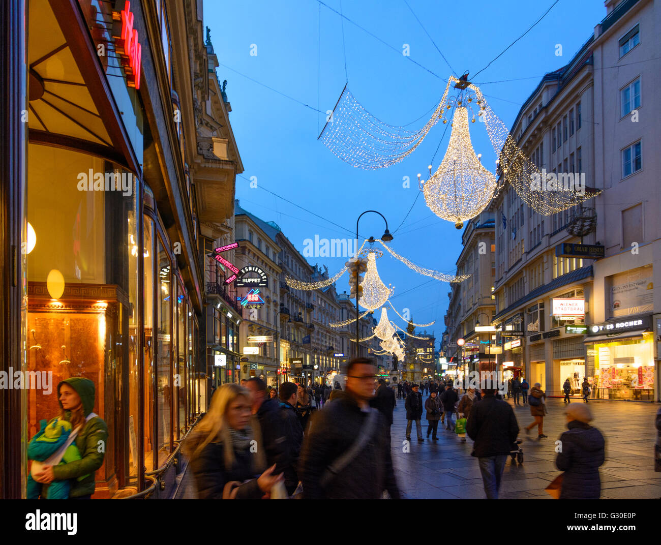 Fußgängerzone Graben mit Weihnachten Lichter, Österreich, Wien 01., Wien, Wien Stockfoto