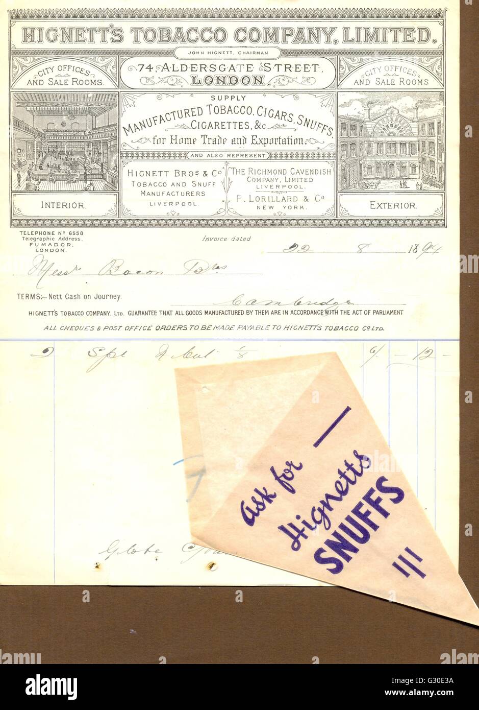 Viktorianische Billhead innen Verkauf Räume der Hignett'e Tobacco Company Stockfoto