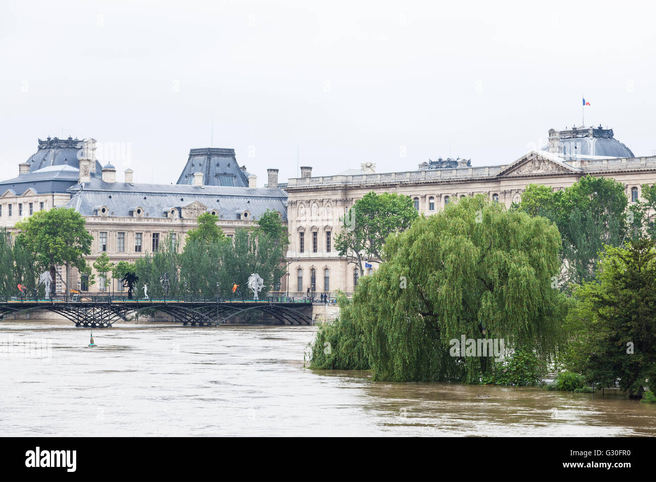 Flut, Square du Vert Galant, Paris, Louvre, Pont des Arts 2016 Stockfoto