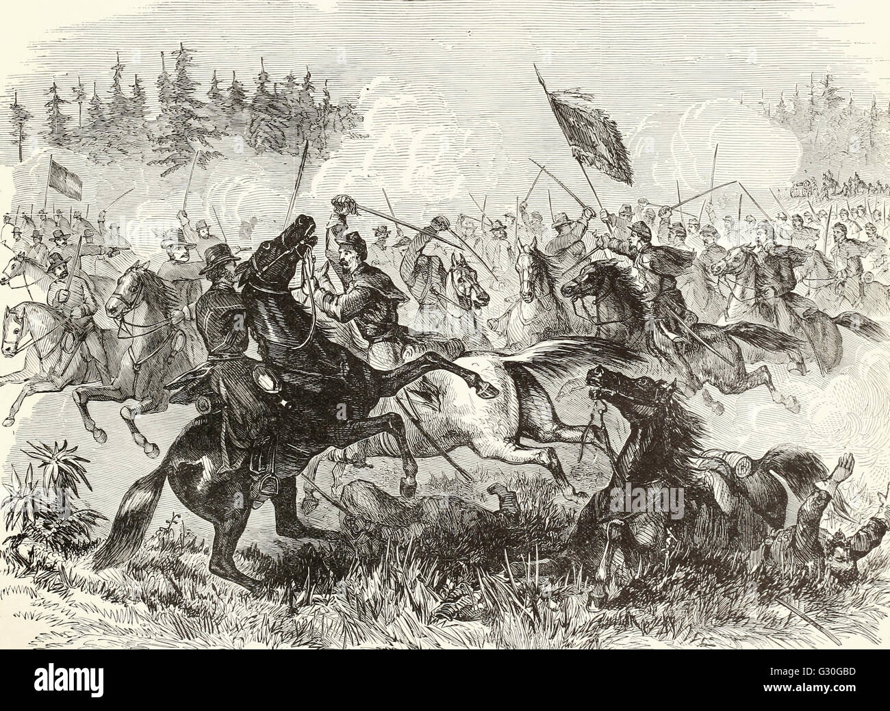 Verzweifelte hand zu hand Kampf zwischen Bundesrepublik Kavallerie unter dem Kommando von General Averill und Stuarts konföderierten Truppen bei Kelleys Ford auf den Rappahannock, Virginia. 17. März 1863. USA Bürgerkrieg Stockfoto