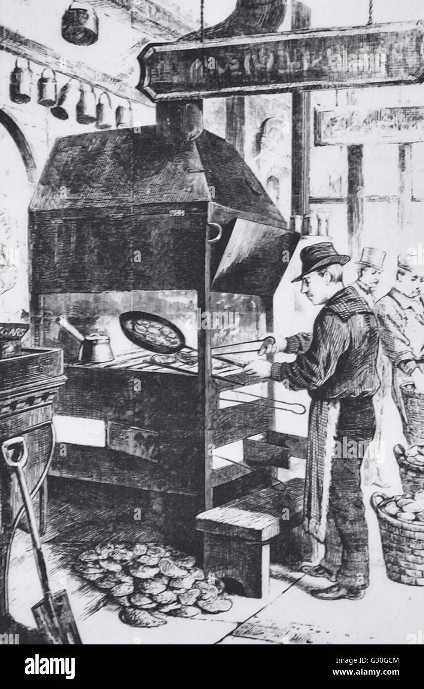 Bräter Austern auf dem Fulton Austern Salon in New York, 17. Februar 1877 Stockfoto