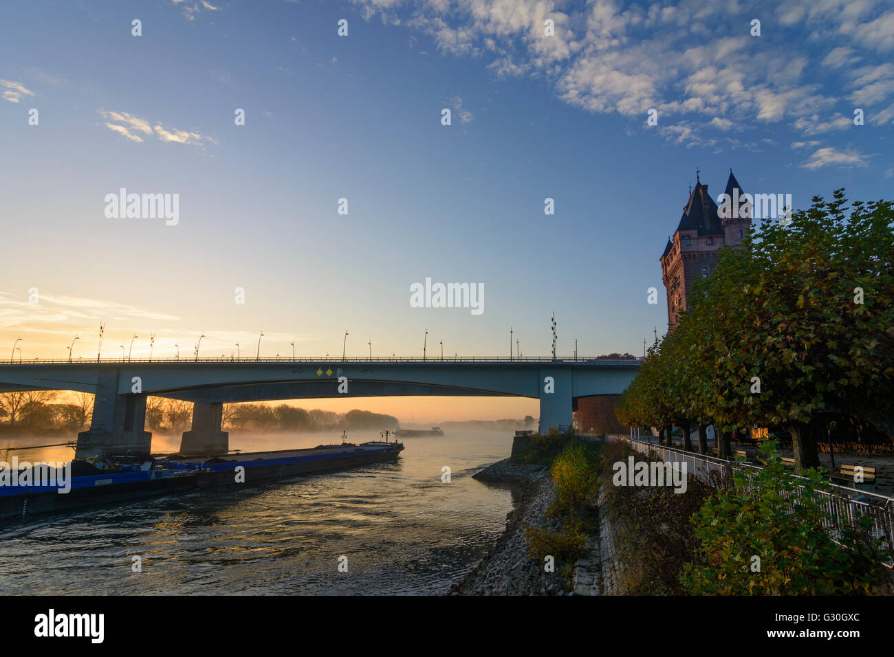 Fluss Rhein (Rhein) bei Sonnenaufgang mit Nibelungenbrücke, Nibelungen-Turm, Frachtschiff, Deutschland, Gemeinde Rheinland-Pfalz, Worms Stockfoto