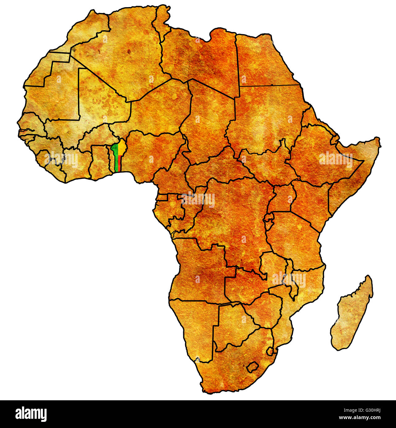 Benin auf tatsächliche Vintage politische Karte Afrikas mit Flaggen Stockfoto