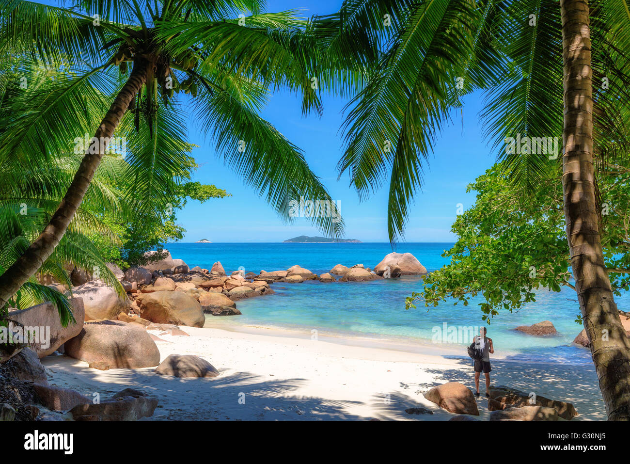 Schöner Strand Anse Georgette, Insel Praslin, Seychellen Stockfoto