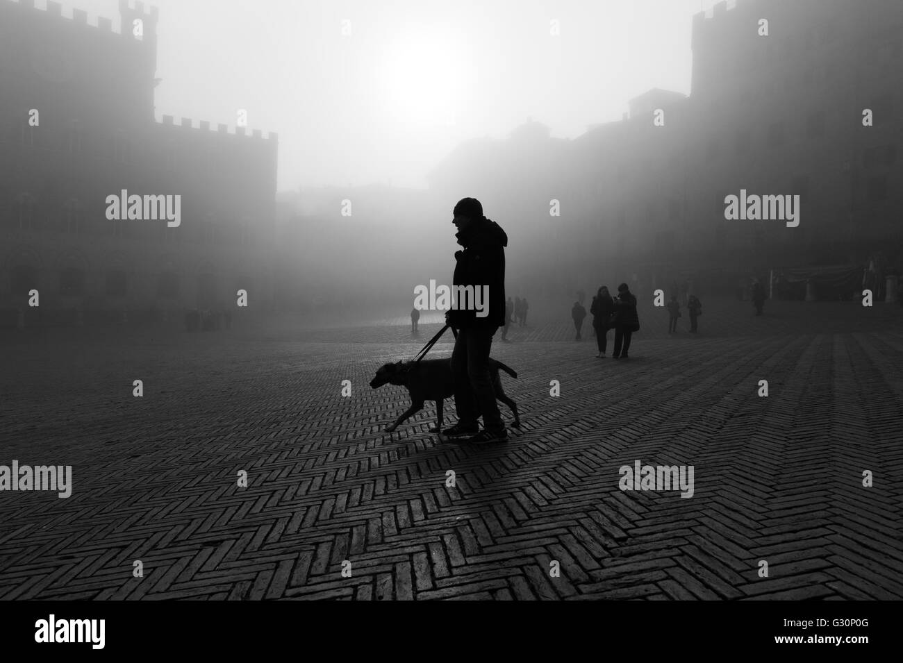 Mann mit Hund InPiazza del Campo in Siena. Stockfoto