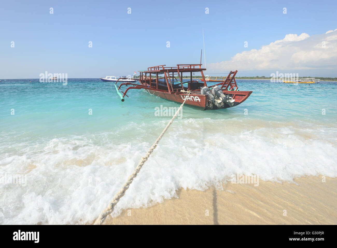 Boote von Gili Trawangan Insel in Indonesien verankert Stockfoto