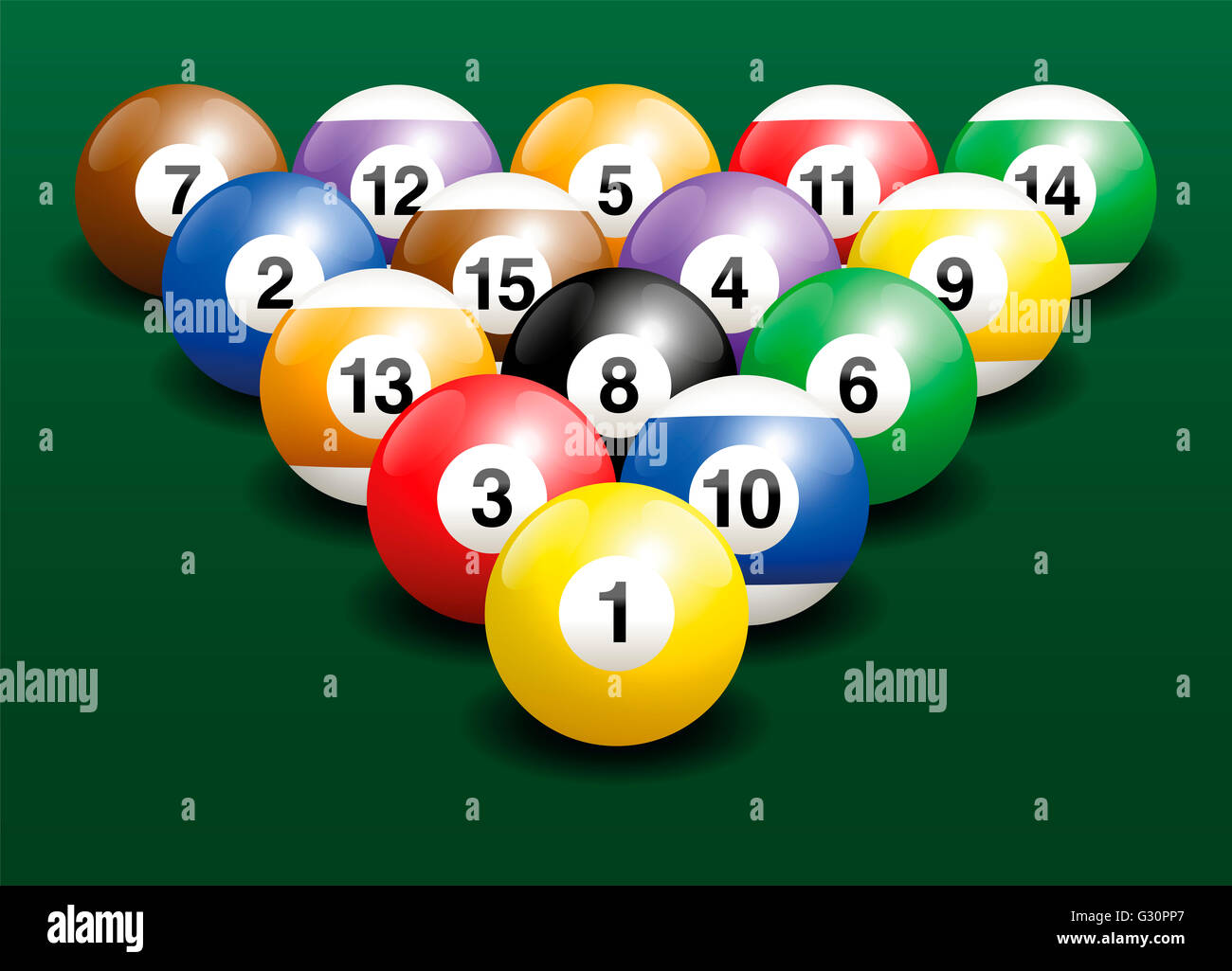 Billardkugeln Startposition. Dreidimensionale Darstellung auf grünem Farbverlauf Hintergrund. Stockfoto