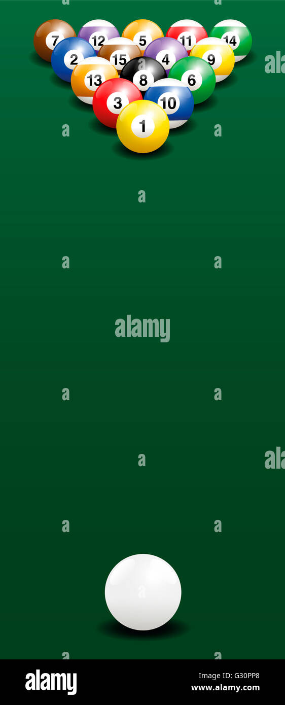 Billard Pause erschossen - Startposition. Dreidimensionale Darstellung auf grünem Farbverlauf Hintergrund. Stockfoto