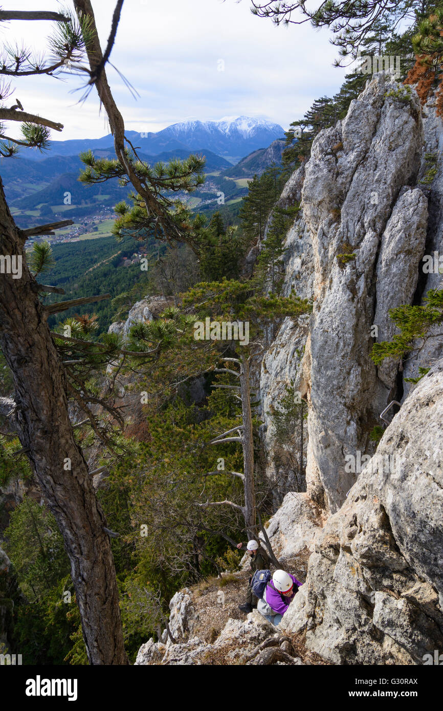 Klettersteig - Geher auf der hohen Wand mit Blick zum Schneeberg, Österreich, Niederösterreich, Niederösterreich, Wiener Alpen, Naturpark Hohe Stockfoto