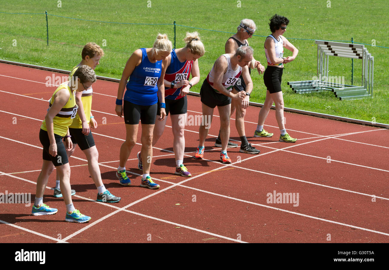 Masters-Leichtathletik UK. Sportler zu Beginn der gemischten Rennen gehen. Stockfoto