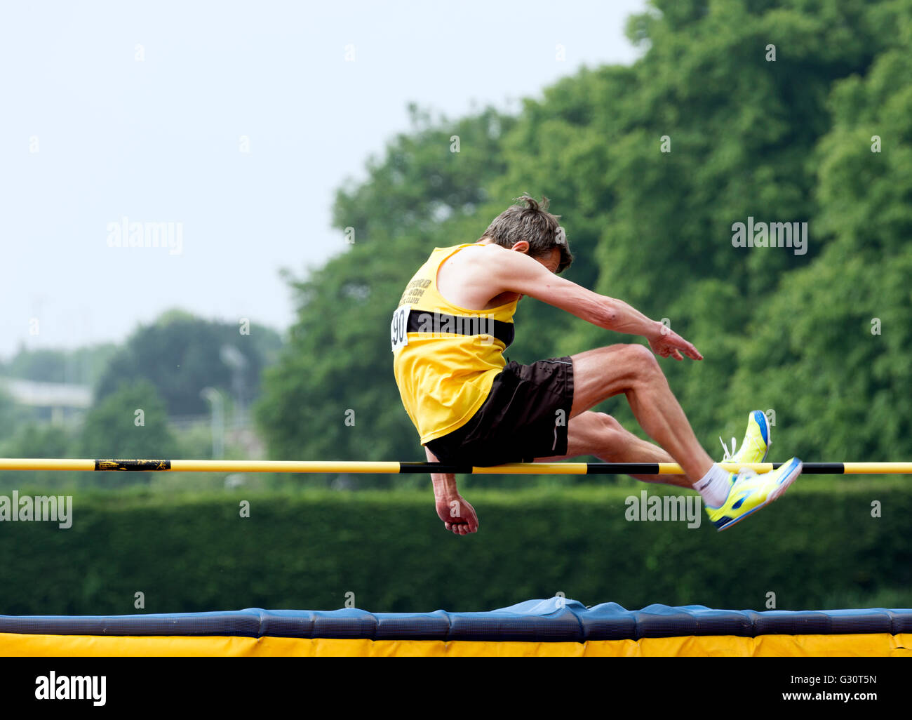 Masters-Leichtathletik UK. Hochsprung. Stockfoto