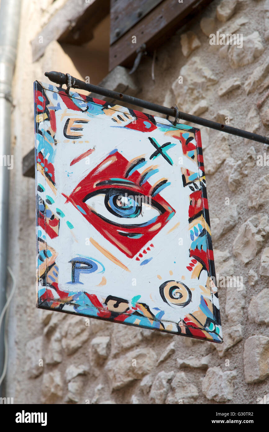 Oeil de Caro Shop und Kunst Galerie Zeichen, Ventoux, Provence, Frankreich Stockfoto