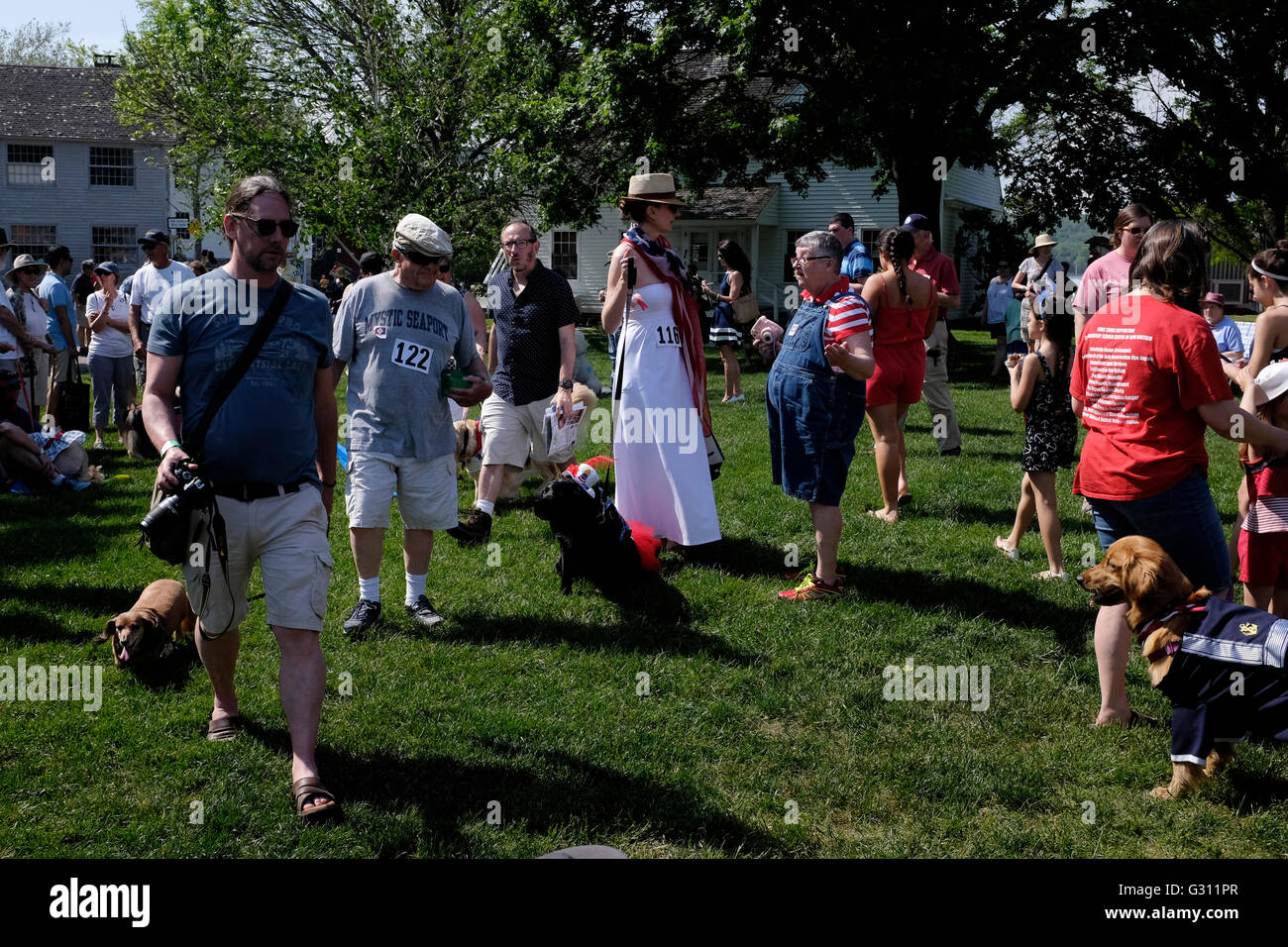 Menschenmengen sammeln für die Preisverleihung an kostümierten Hund Parade in Mystic Seaport, CT Stockfoto