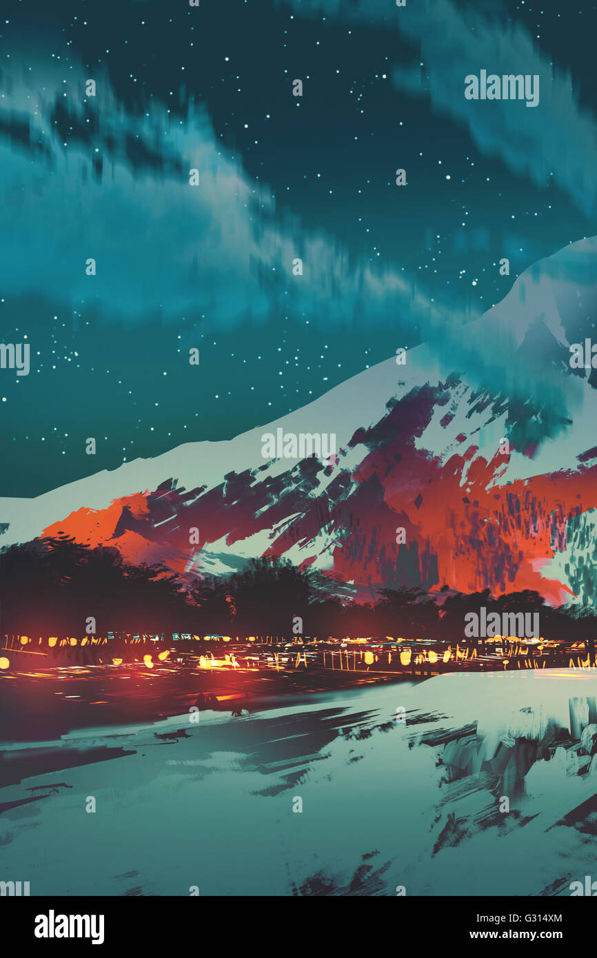 Nachtaufnahme des Dorfes in den Bergen, Landschaft Illustration Malerei Stockfoto