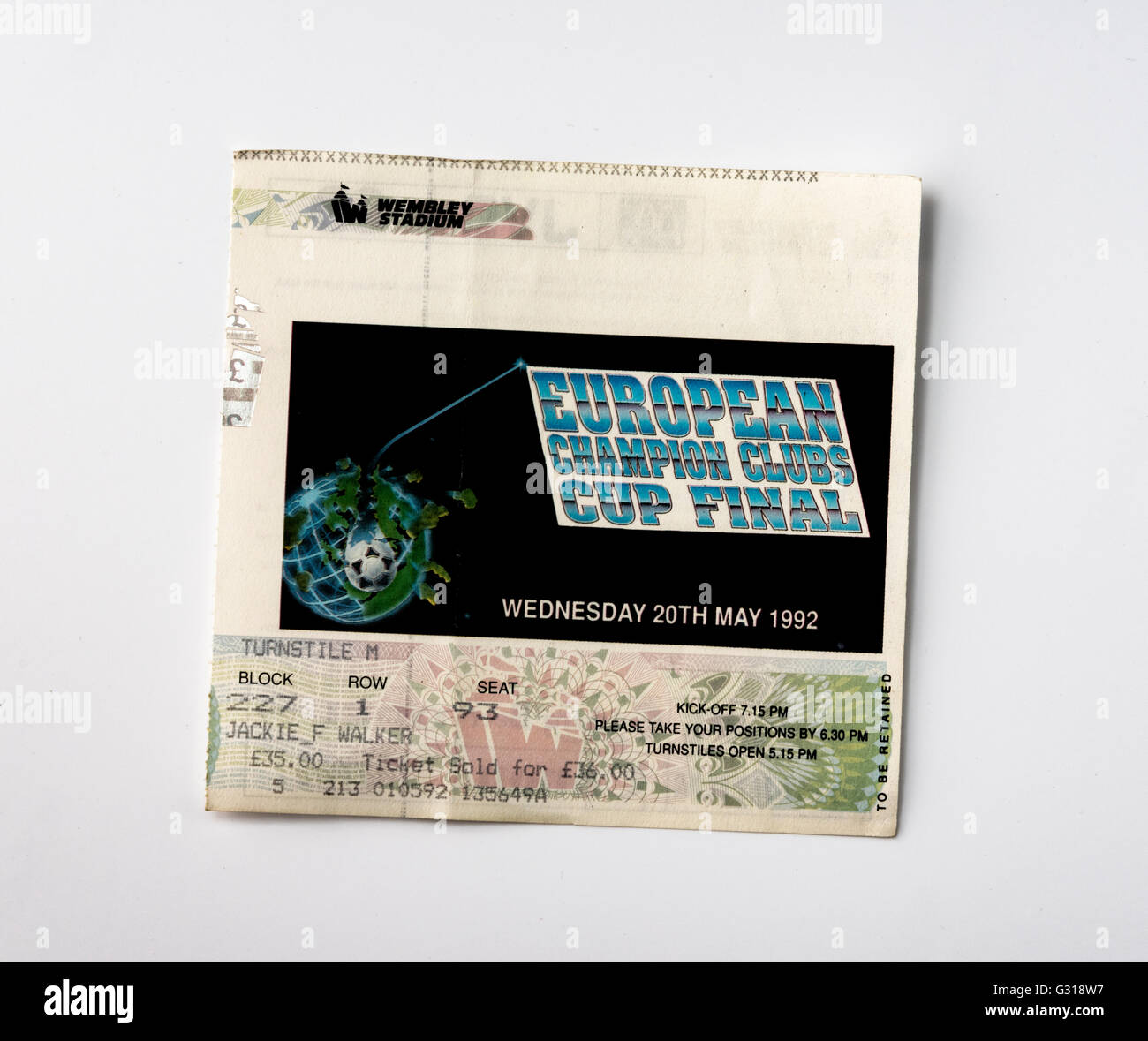 Ein Ticket für das Cup-Finale zwischen Sampdoria Genua Italien und Spanien Barcelona im Wembley Stadium, London 1992. Stockfoto