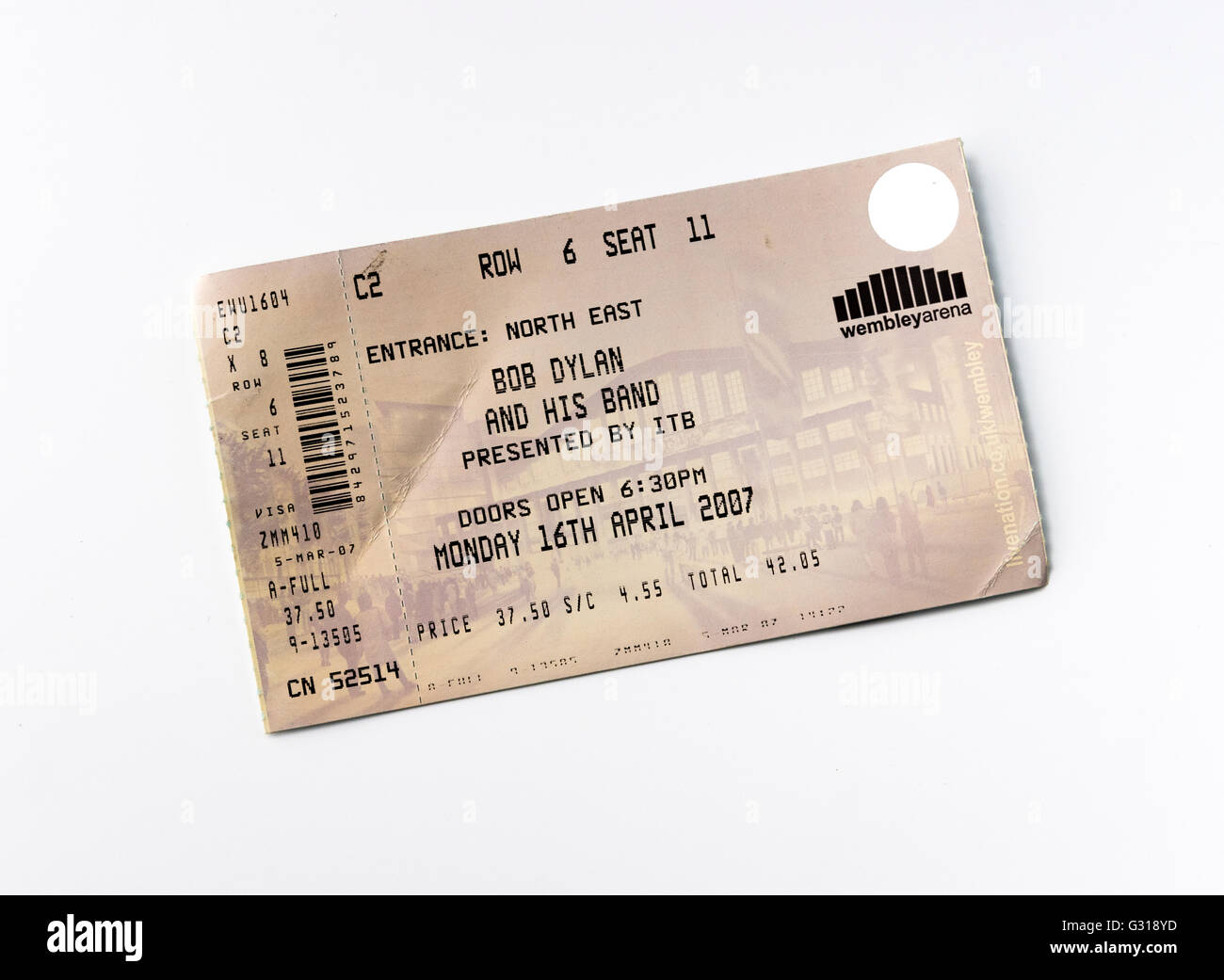 Ticket für ein Konzert von Bob Dylan in der Wembley Arena in 2007 Stockfoto