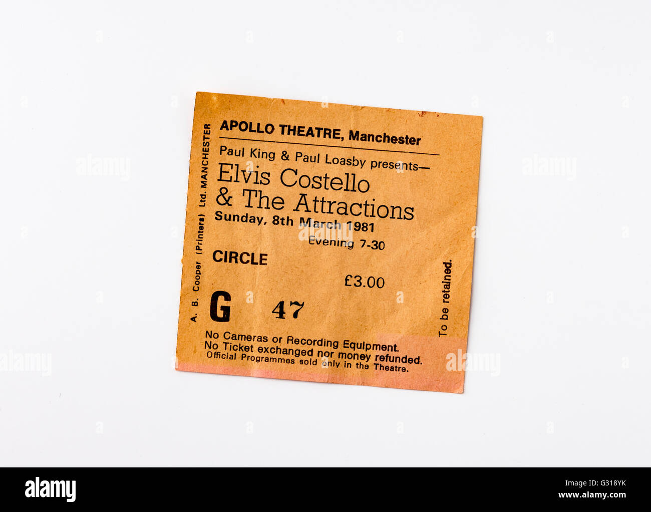 Ticket für ein Konzert von Elvis Costello & die Attraktionen im Apollo-Theater, Manchester im Jahr 1981 Stockfoto