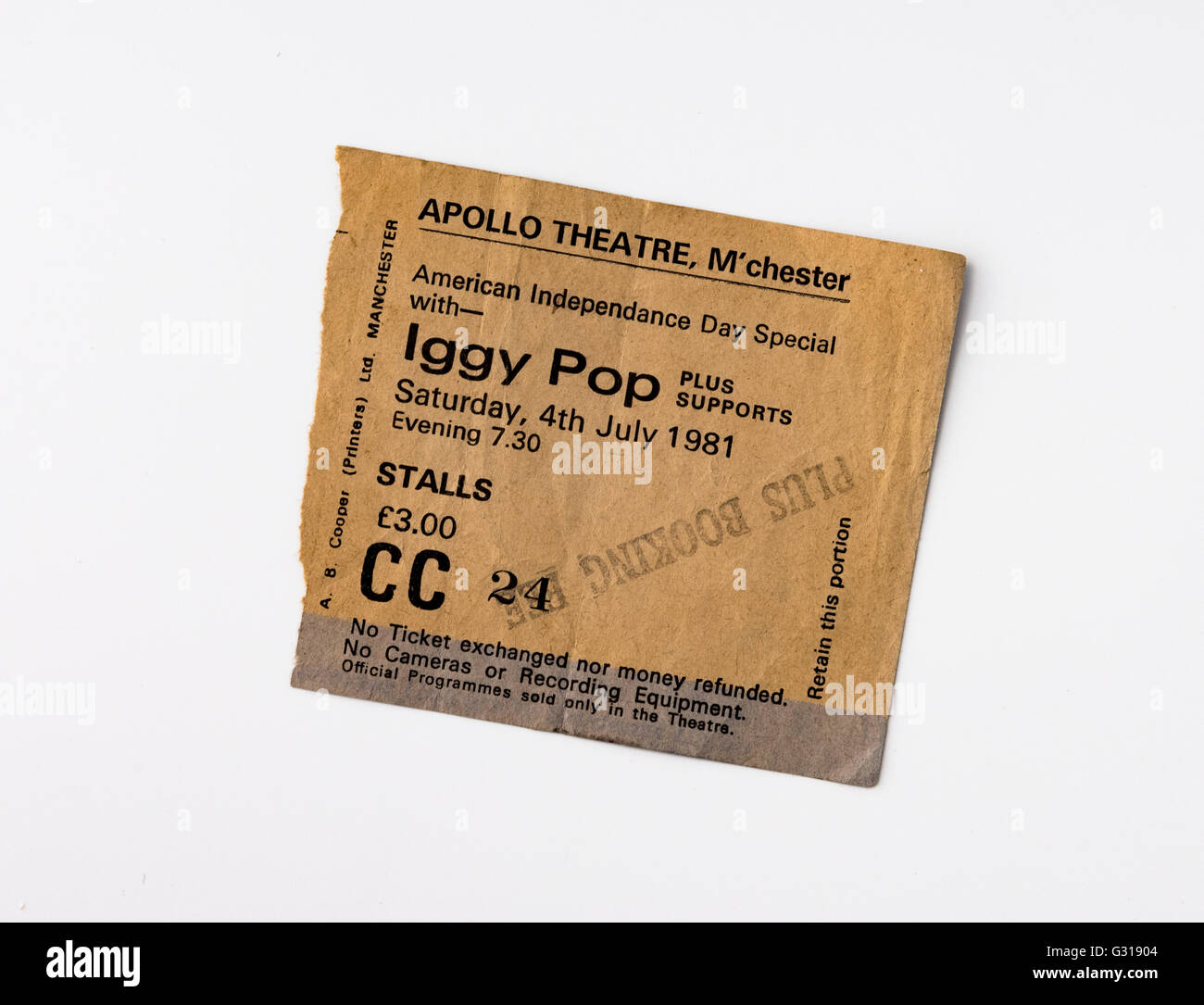 Ticket für einen Gig von Iggy Pop im Apollo-Theater, Manchester im Jahr 1981 Stockfoto