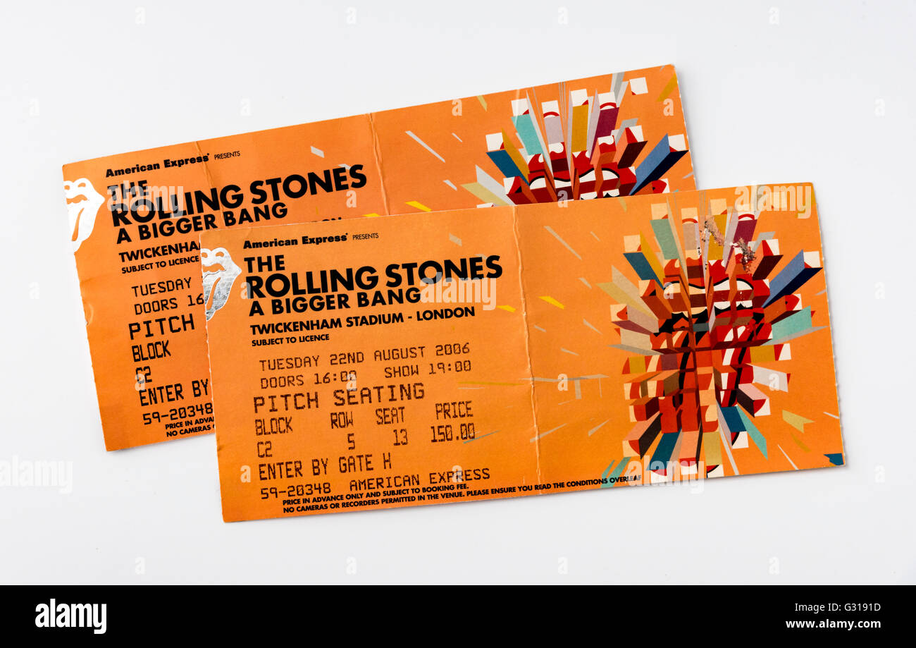 Ein Ticket für ein Rolling Stones Konzert im Twickenham Stadium in London im August 2006. Stockfoto